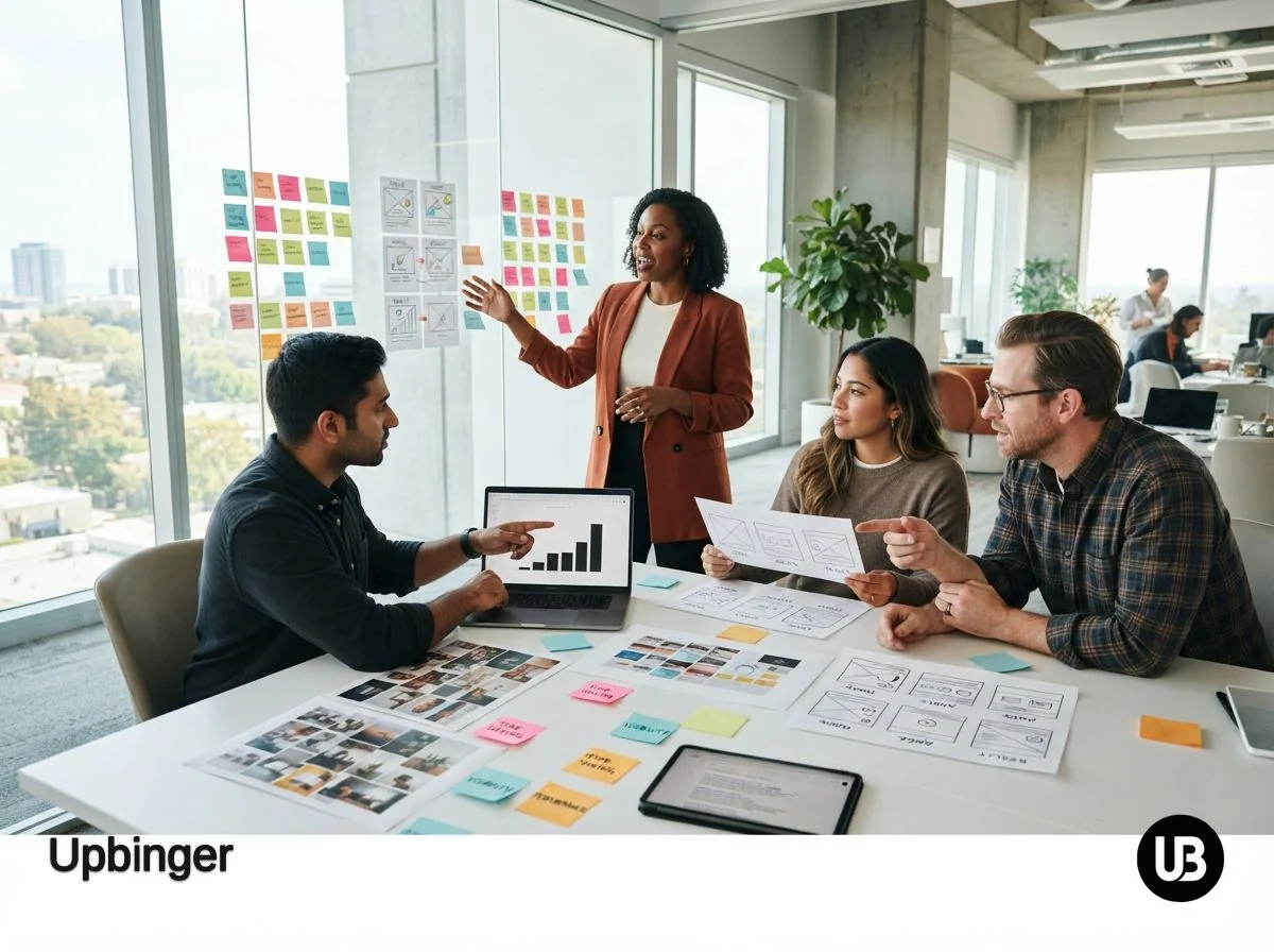 Marketing team in a bright office collaboratively planning ad concepts for an AI-powered SEO and AEO agent, with sticky notes and storyboards representing different creative angles.