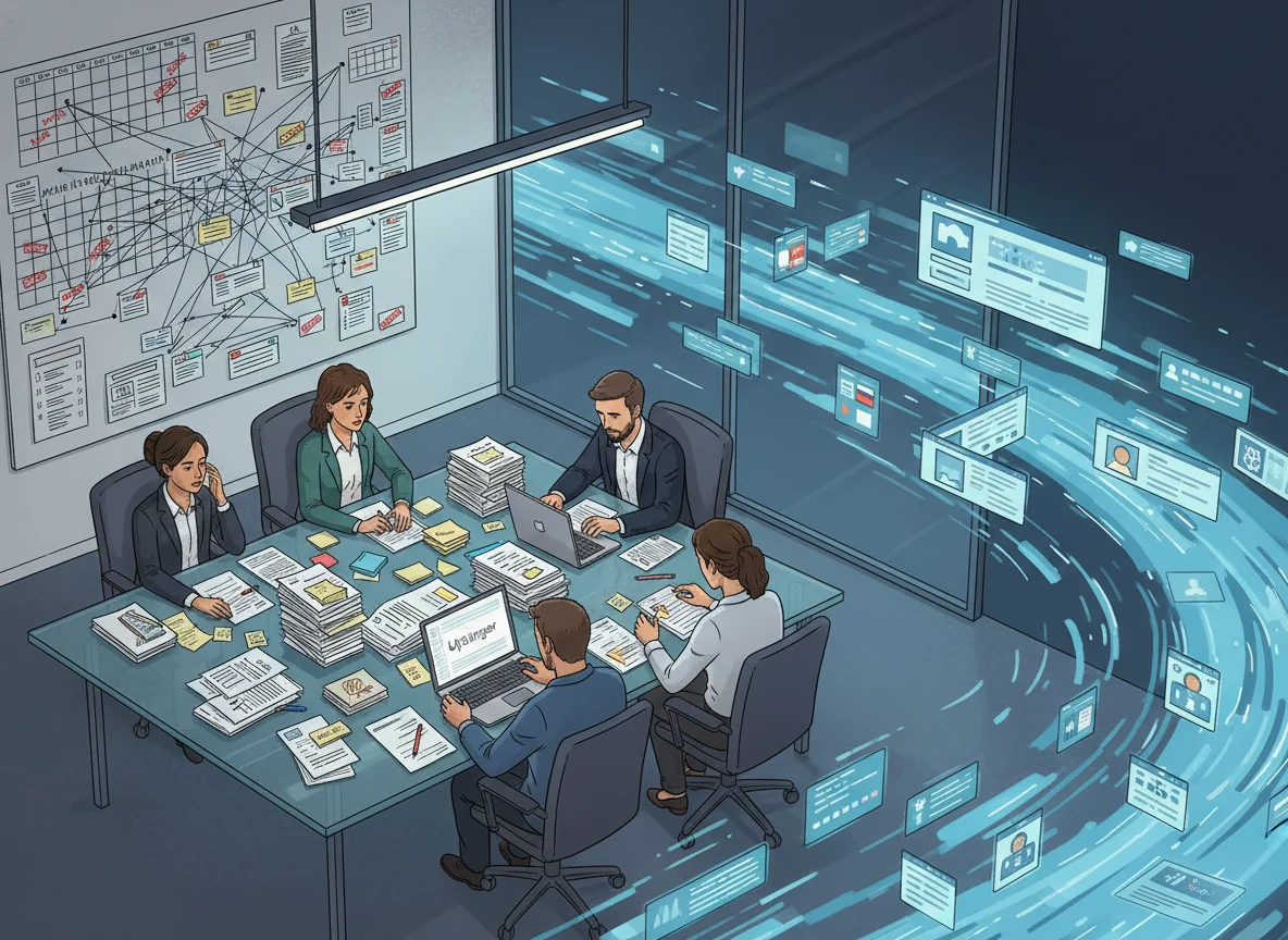 Illustrated scene of a small marketing team overwhelmed in an office while a fast-moving stream of digital content rushes by outside, symbolizing how human-only teams struggle to match market speed.