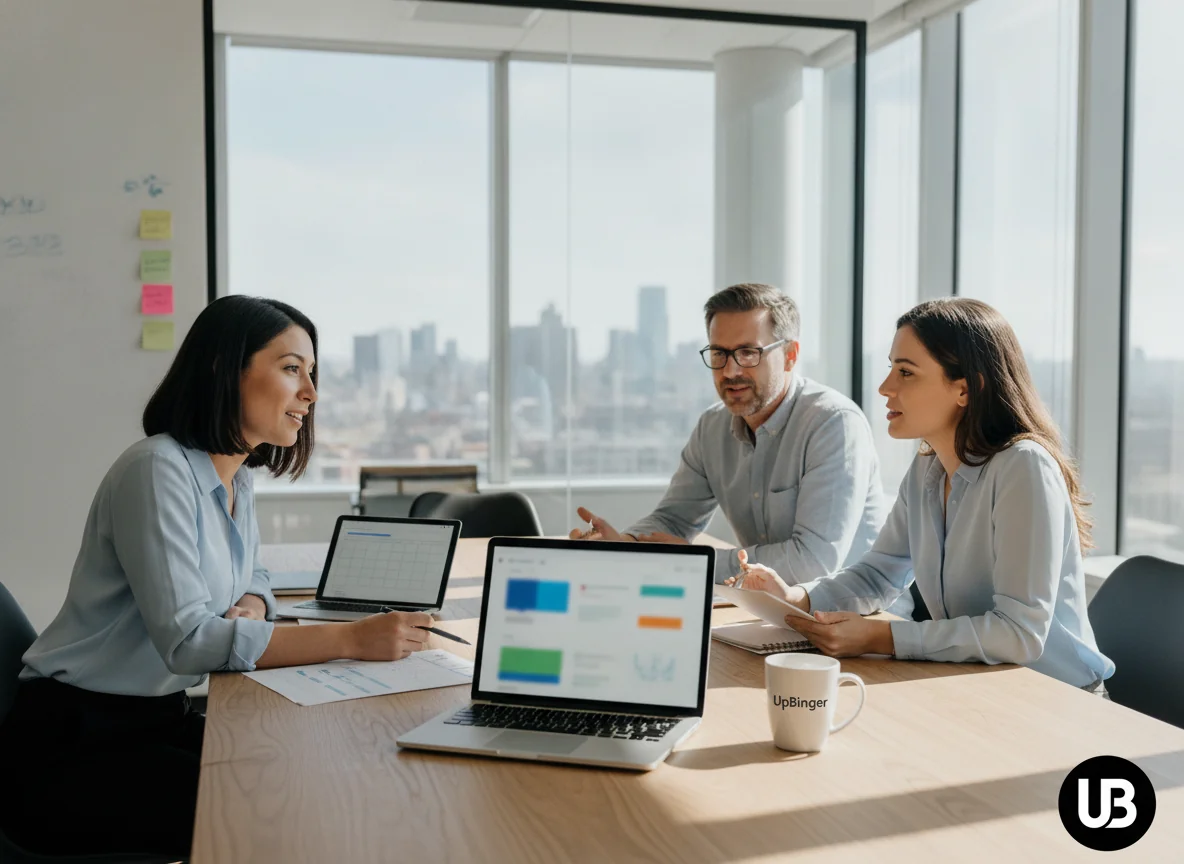 Marketing team gathered around a laptop in a bright modern office, collaborating on content strategy with a subtle UpBinger-branded mug in view.