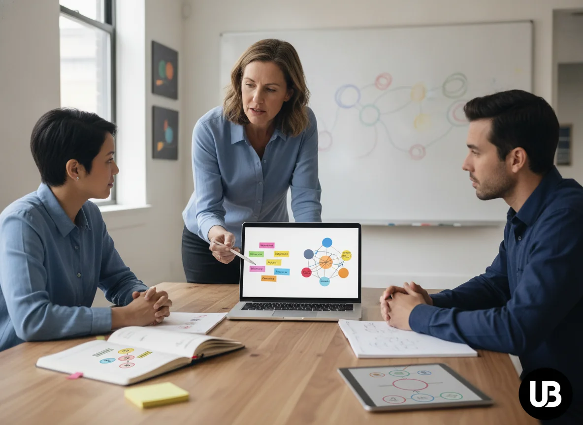 Content strategists in a modern office collaborate around a laptop and whiteboard, comparing scattered keyword notes with a more interconnected, entity-based content model.