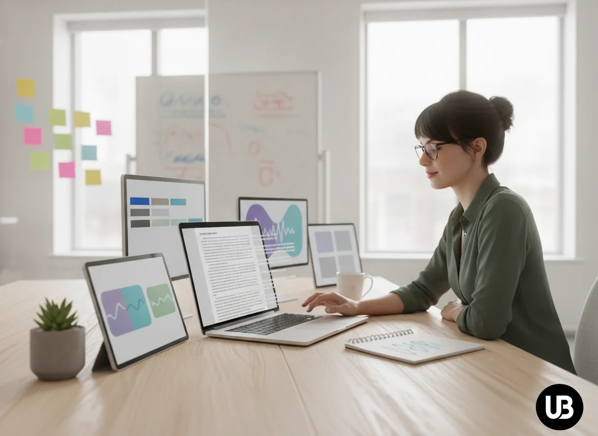 Human editor reviewing an auto-writing article on a laptop surrounded by additional screens, symbolizing automated SEO content creation in 2025.