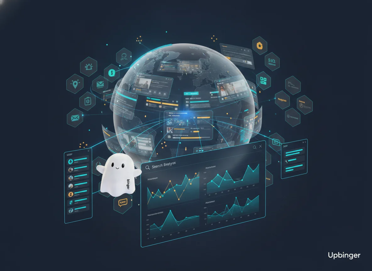 Conceptual illustration of an AI SEO platform analyzing a shifting network of online competitors and search results across thousands of keywords.