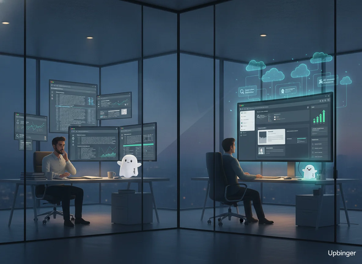 Editorial illustration contrasting a cluttered traditional SEO workstation with multiple tools on the left and a unified AI-powered SEO dashboard on the right, symbolizing how AI SEO software changes ranking strategy.