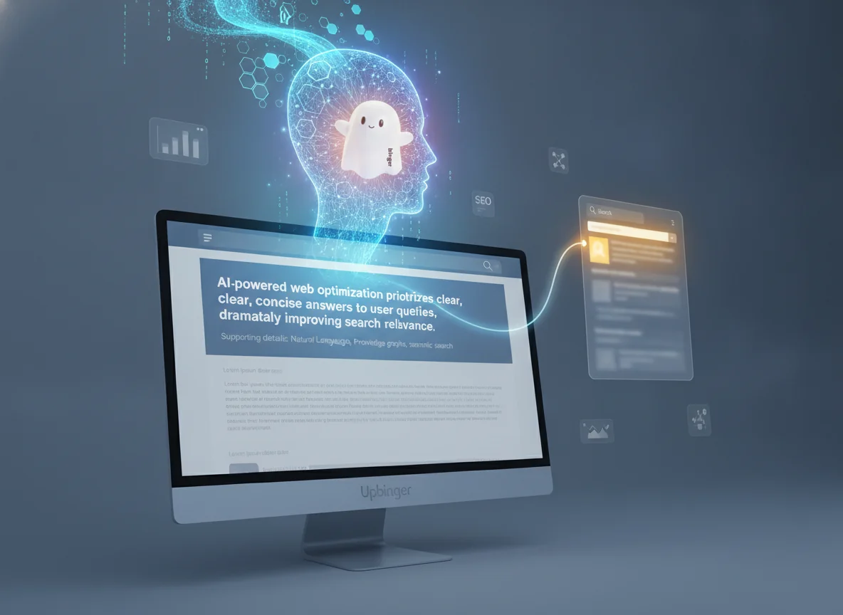 Conceptual illustration of AI highlighting an answer-first block of web content and connecting it to a prominent search result snippet, symbolizing AI-improved content relevance for search engines.