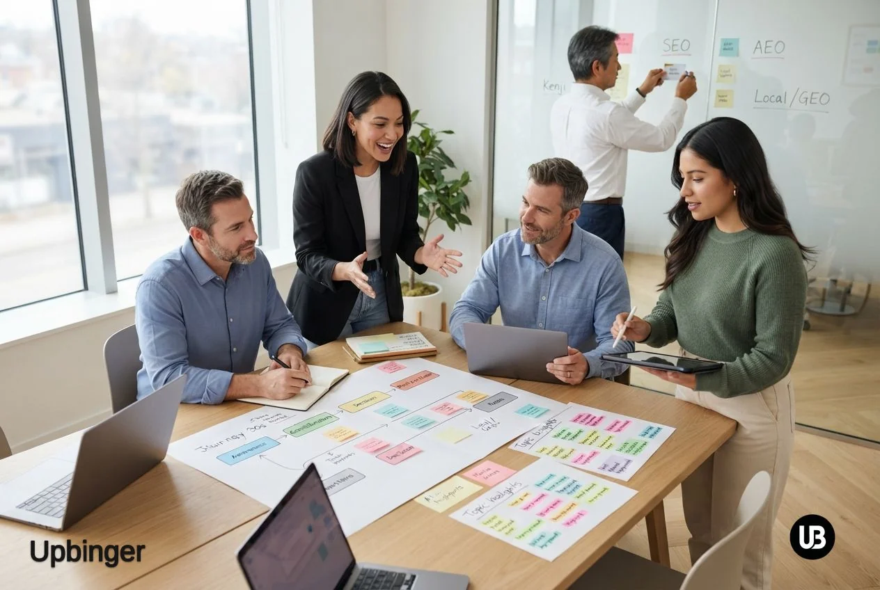 Marketing team collaborating around a journey map and clustered topics to plan an AI-driven content strategy for search and answer engines.