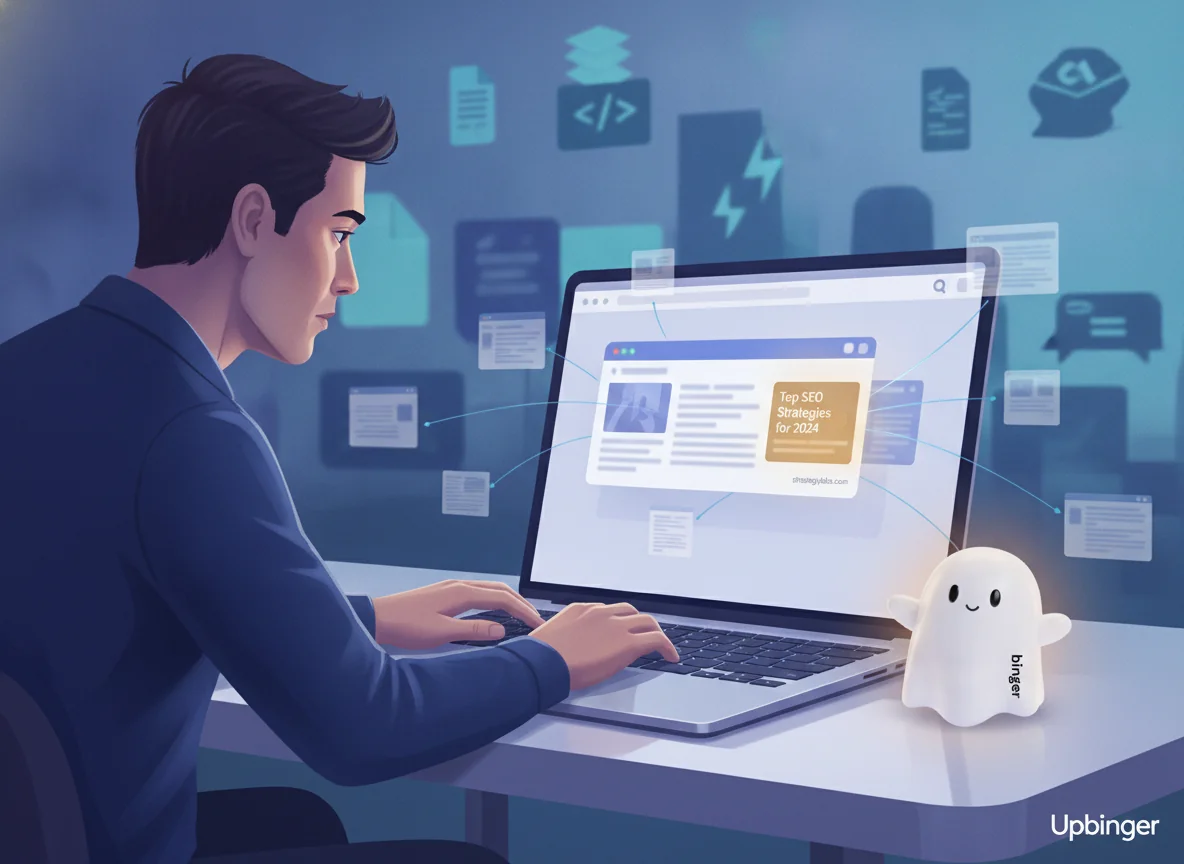 Editorial illustration of a marketer at a laptop watching their website appear as a highlighted source inside an AI chat assistant’s answer, with a network of connected page snippets floating around the screen.