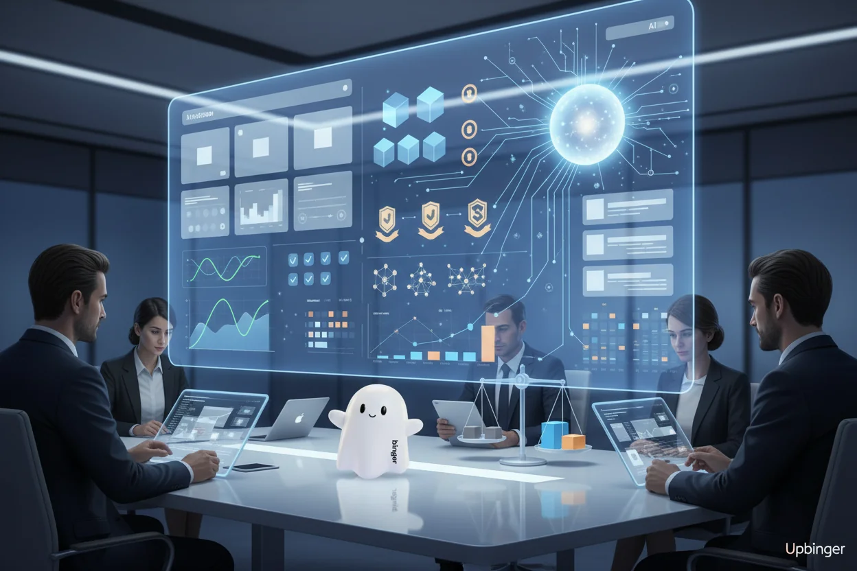 Editorial illustration of enterprise leaders comparing digital platforms in a futuristic boardroom, where AI citation, structure, and trust signals outweigh traditional SEO metrics.