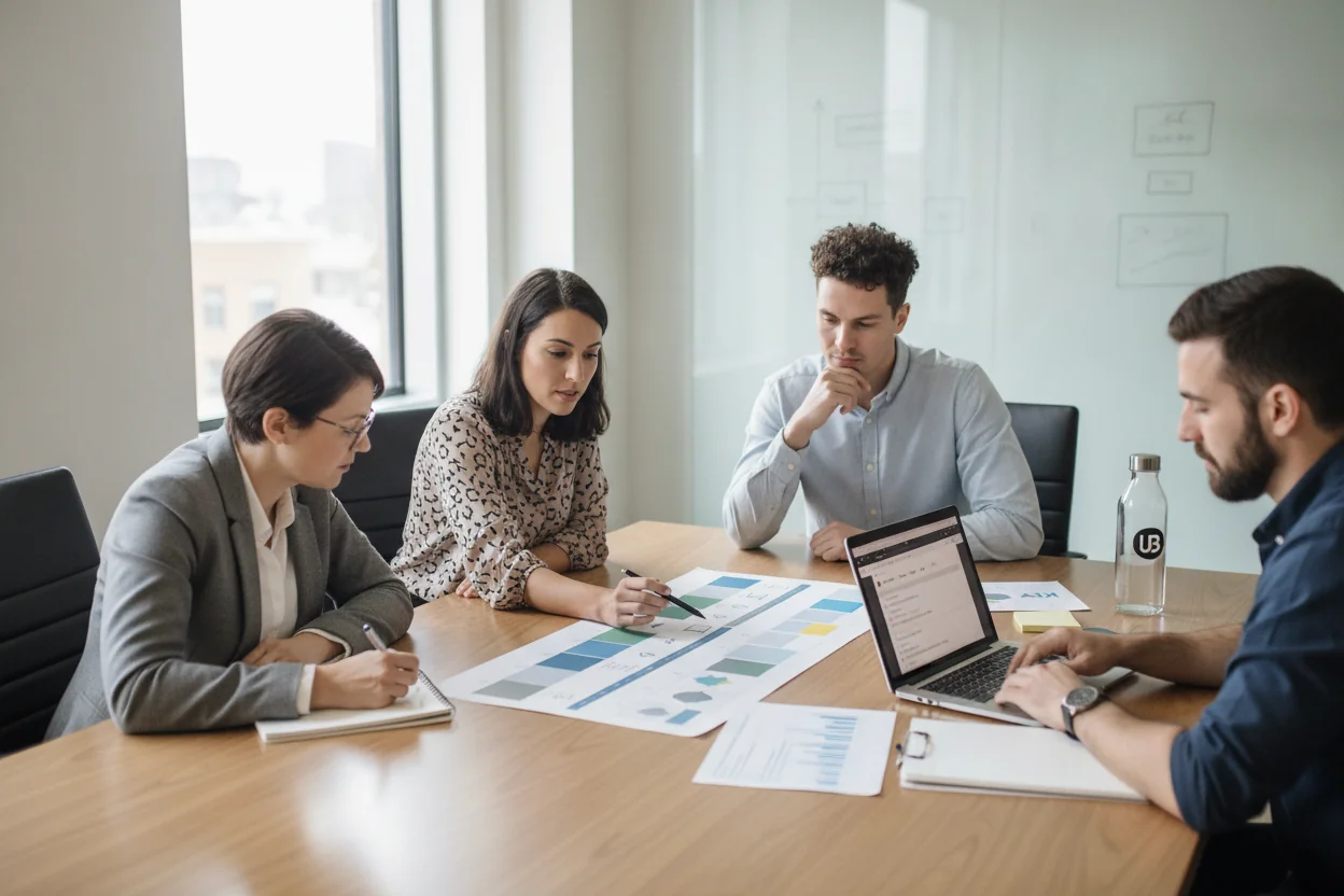 Marketing team in a modern conference room comparing several AI SEO content tools using a structured evaluation sheet and whiteboard notes.