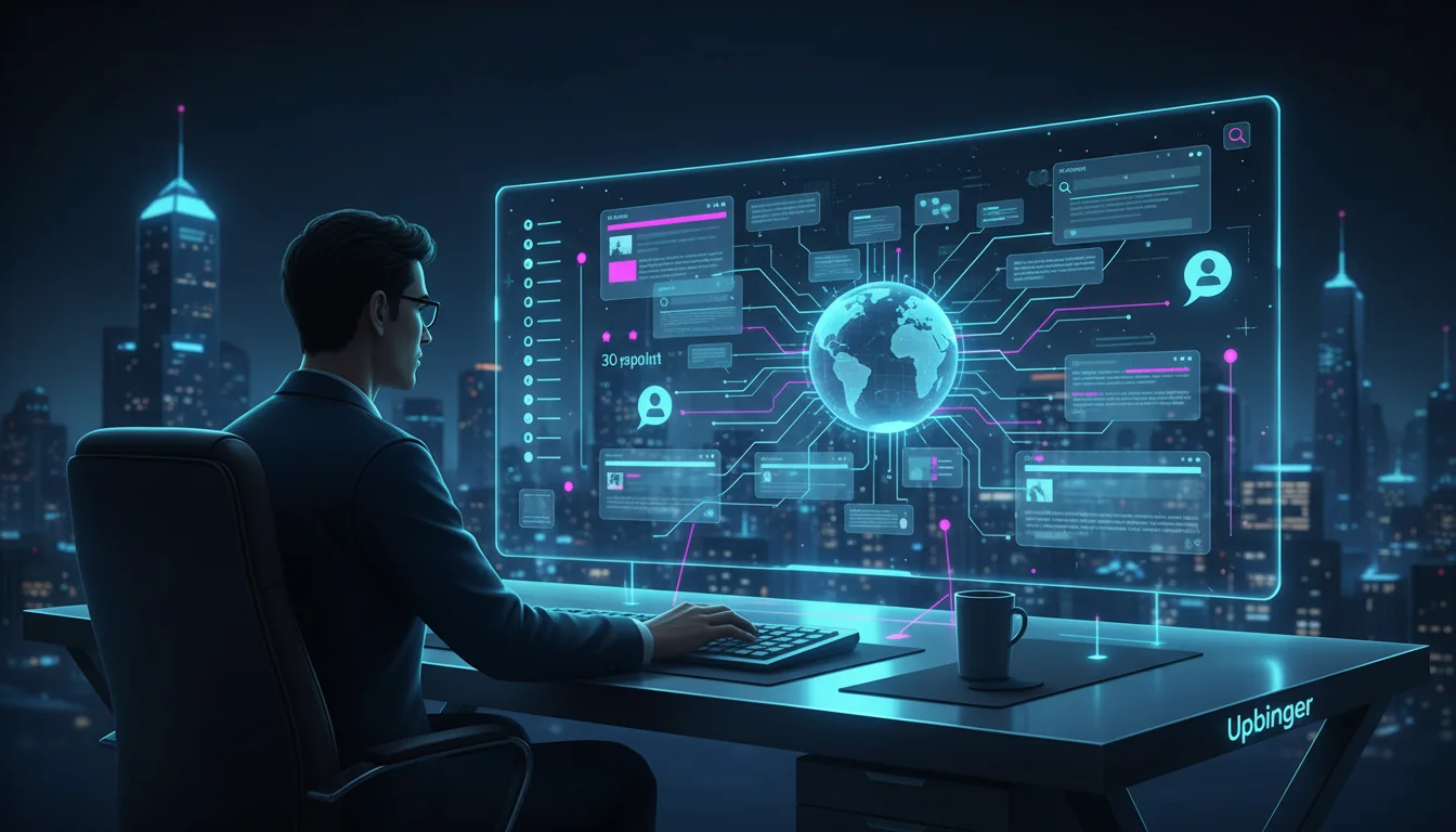Futuristic digital strategist working at a transparent screen showing interconnected search results, AI answer panels, and a structured checklist, symbolizing optimizing content for SEO and AI answer engines in 2026.