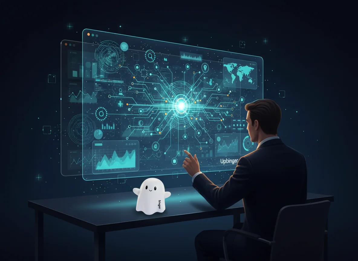 Editorial illustration of layered analytics signals converging into a clear market insight on a futuristic dashboard, representing Upbinger’s content intelligence revealing hidden demand patterns.