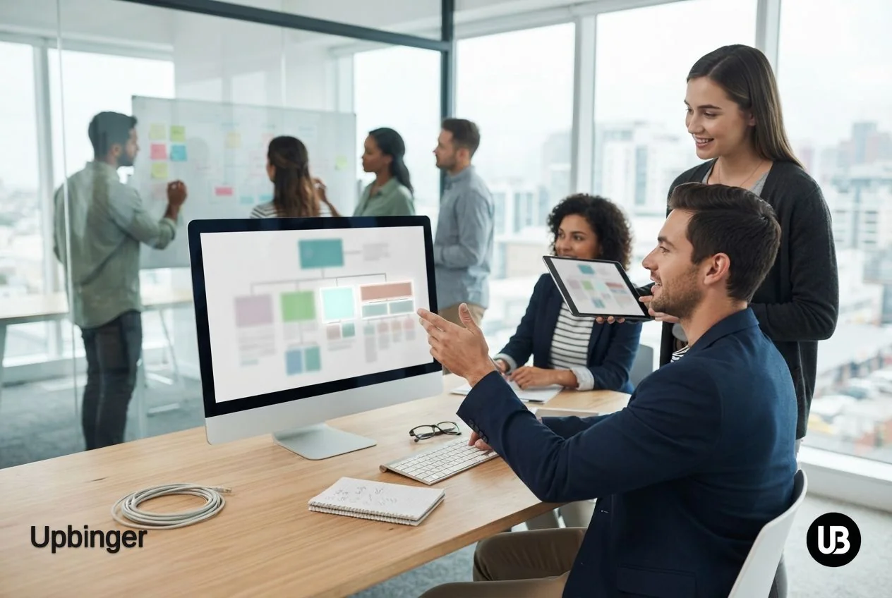Marketing and SEO specialists reviewing a simplified website structure on a large monitor, suggesting they are fixing technical and indexing issues so content can be discovered.