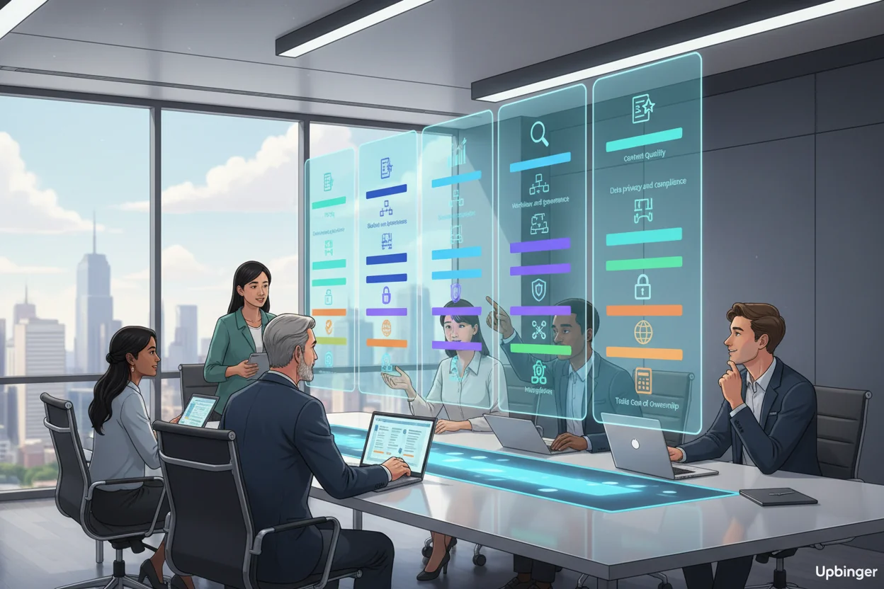Enterprise marketing team in a modern conference room comparing several abstract AI content platforms on a large digital screen, with visual icons representing quality, SEO, workflow, data privacy, integrations, analytics, localization, and cost.
