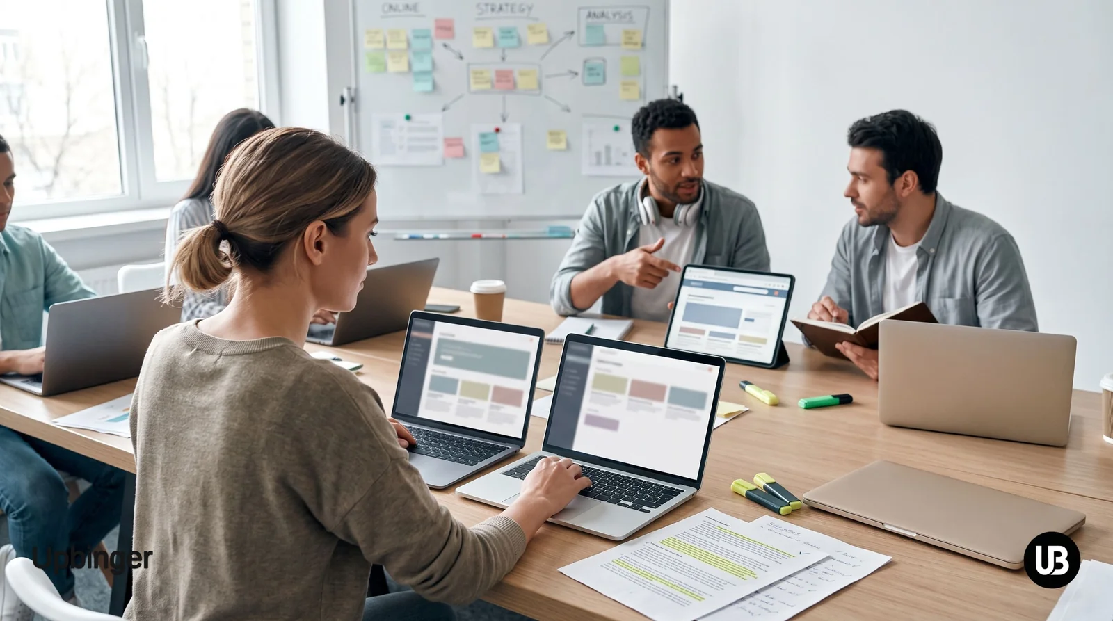 A diverse content and SEO team in a bright modern office comparing AI content tools on laptops and tablets around a large table covered with notes and printouts.