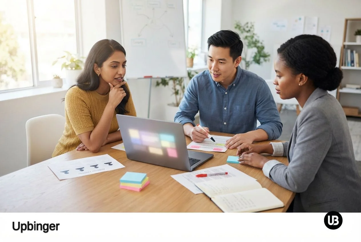 Marketing team collaborating around a laptop and physical documents that represent the steps of an AI-assisted SEO content workflow.