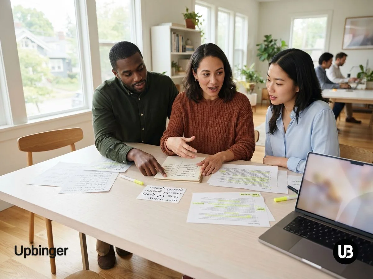 Marketing team collaborating around a table, refining printed website content and notes to better match search queries, in a bright modern office.