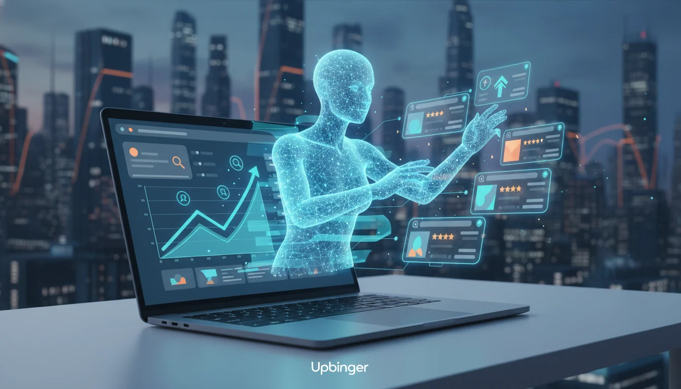 Editorial illustration of an AI figure emerging from a laptop, intelligently reorganizing e‑commerce product listings and search results as analytics charts trend upward.