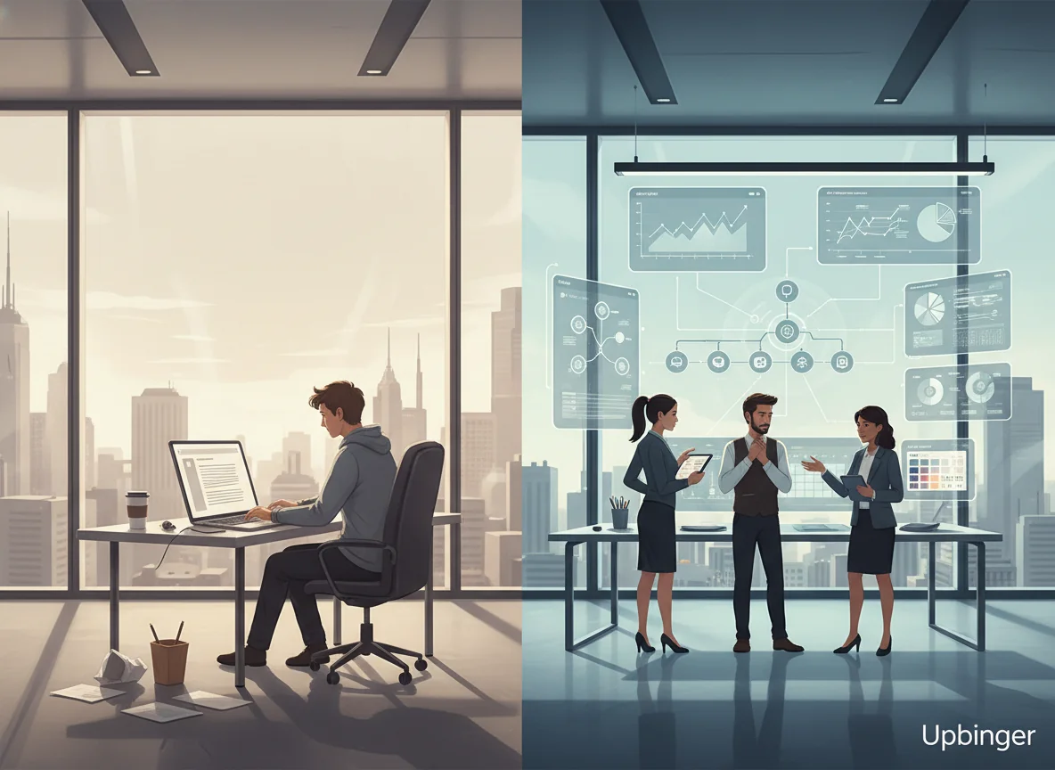 Editorial illustration showing a basic single-user AI writing setup contrasted with a multi-screen, collaborative enterprise AI content platform in a modern office.