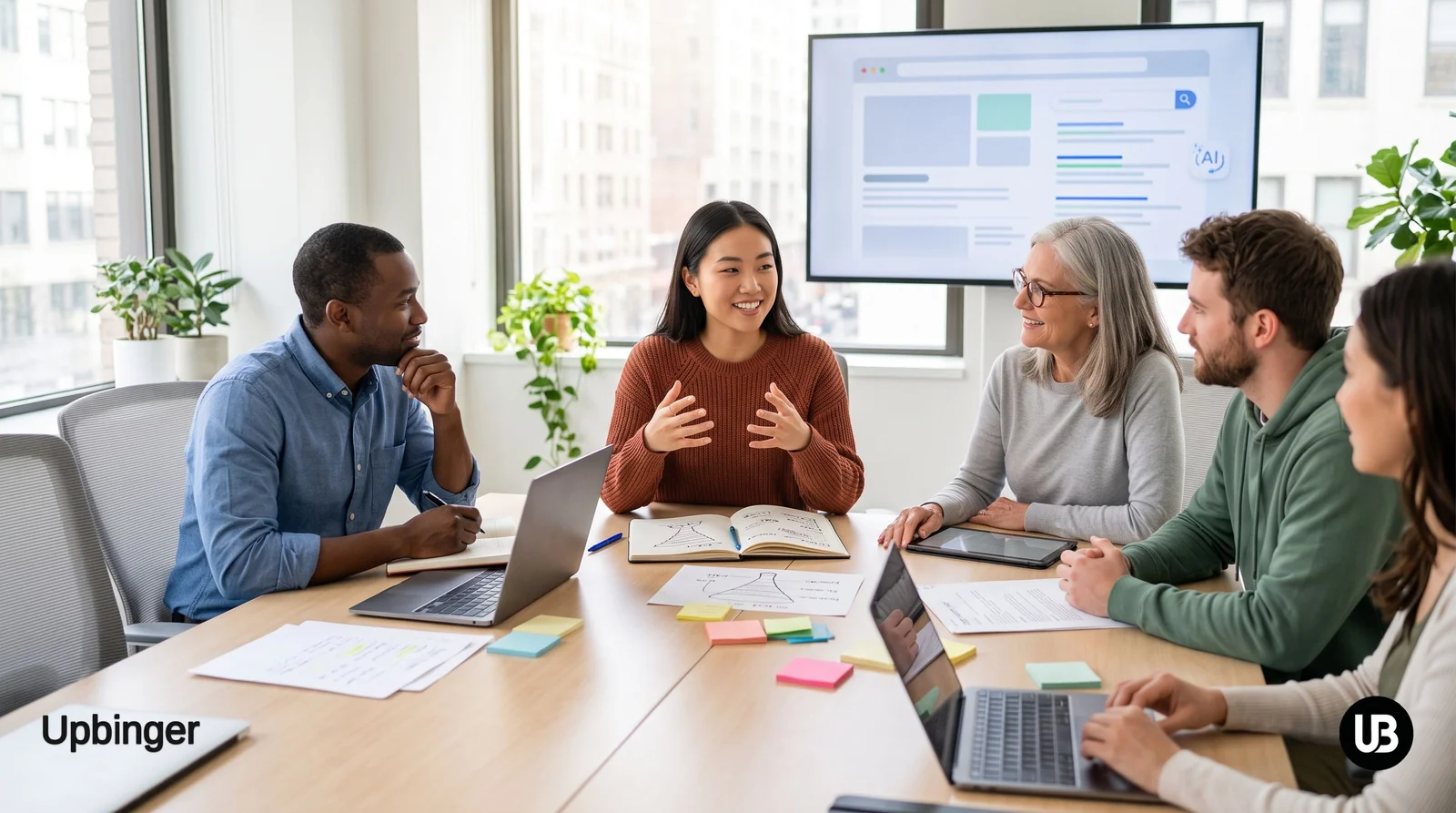 Non-technical marketing team gathered around a conference table as one colleague explains AI-powered SEO in simple terms, with laptops, notes, and a softly blurred screen in a bright modern office.
