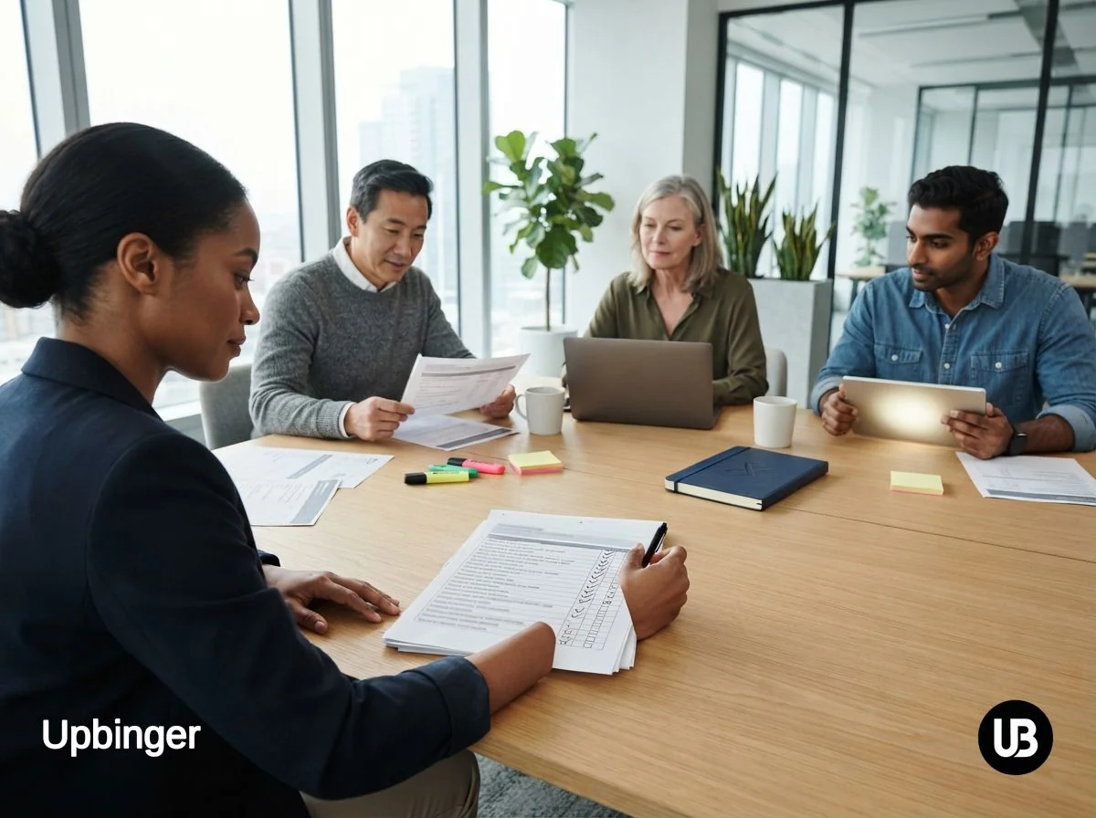 Enterprise marketing and SEO team in a bright conference room collaboratively evaluating several AI SEO platforms on their laptops, with a whiteboard of feature criteria in the background.