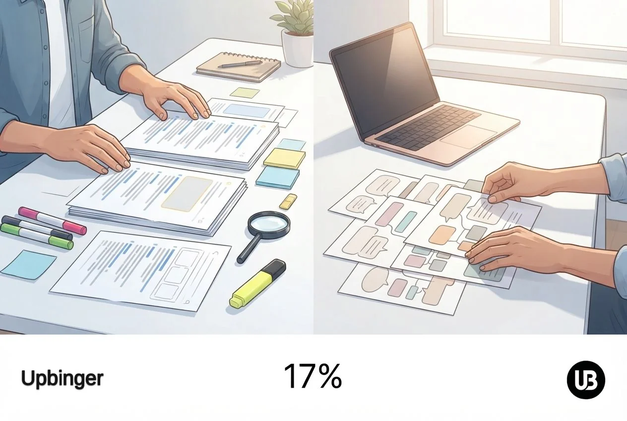 Editorial illustration of a shared desk split visually between traditional search results analysis on one side and AI answer synthesis on the other, symbolizing the core differences between SEO and AEO.