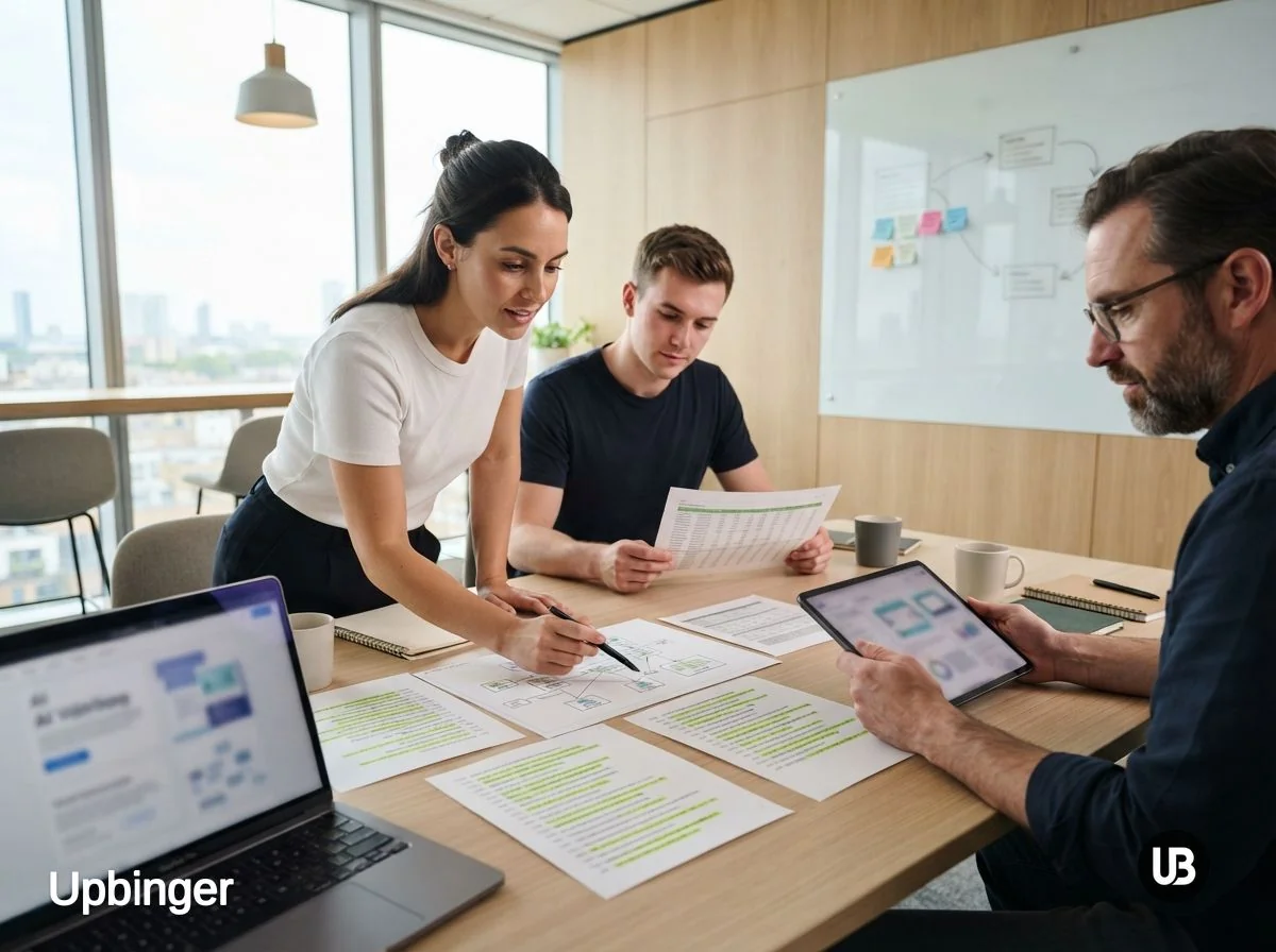 Marketing team in a bright office reviewing printed website pages and data with a laptop nearby, illustrating an AI-driven content visibility audit.