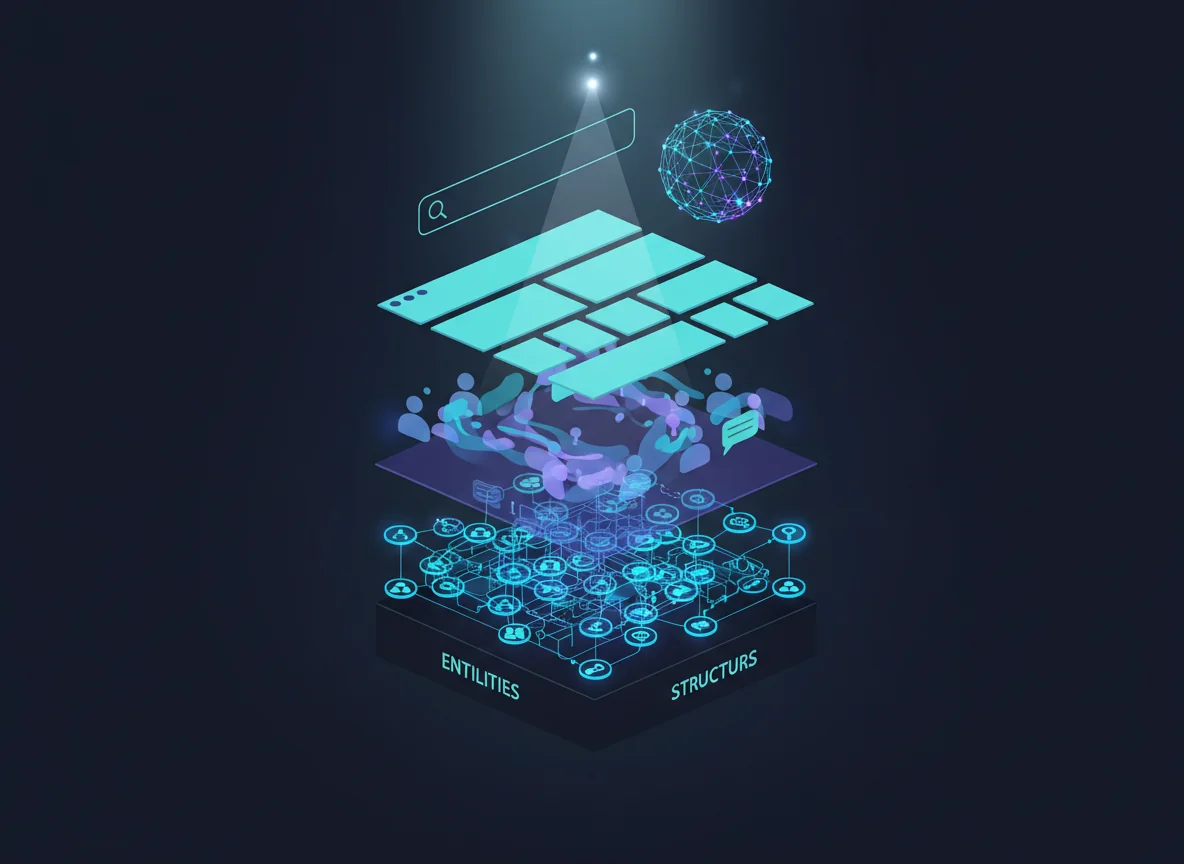 Conceptual three-layer illustration showing entities, user intent, and content structure working together to improve SEO rankings and answer engine optimization.