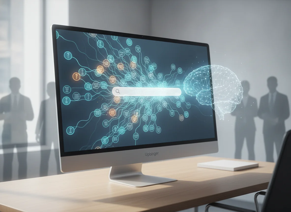 Editorial illustration of an AI system building a branching knowledge graph from human search questions displayed on a computer screen.