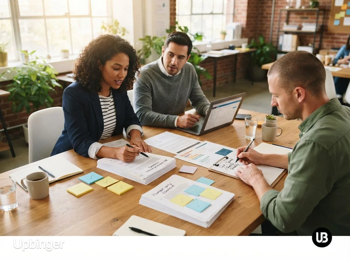 Marketing team comparing printed AI-assisted content to human-only content on a table, with notes about cost, speed, and quality