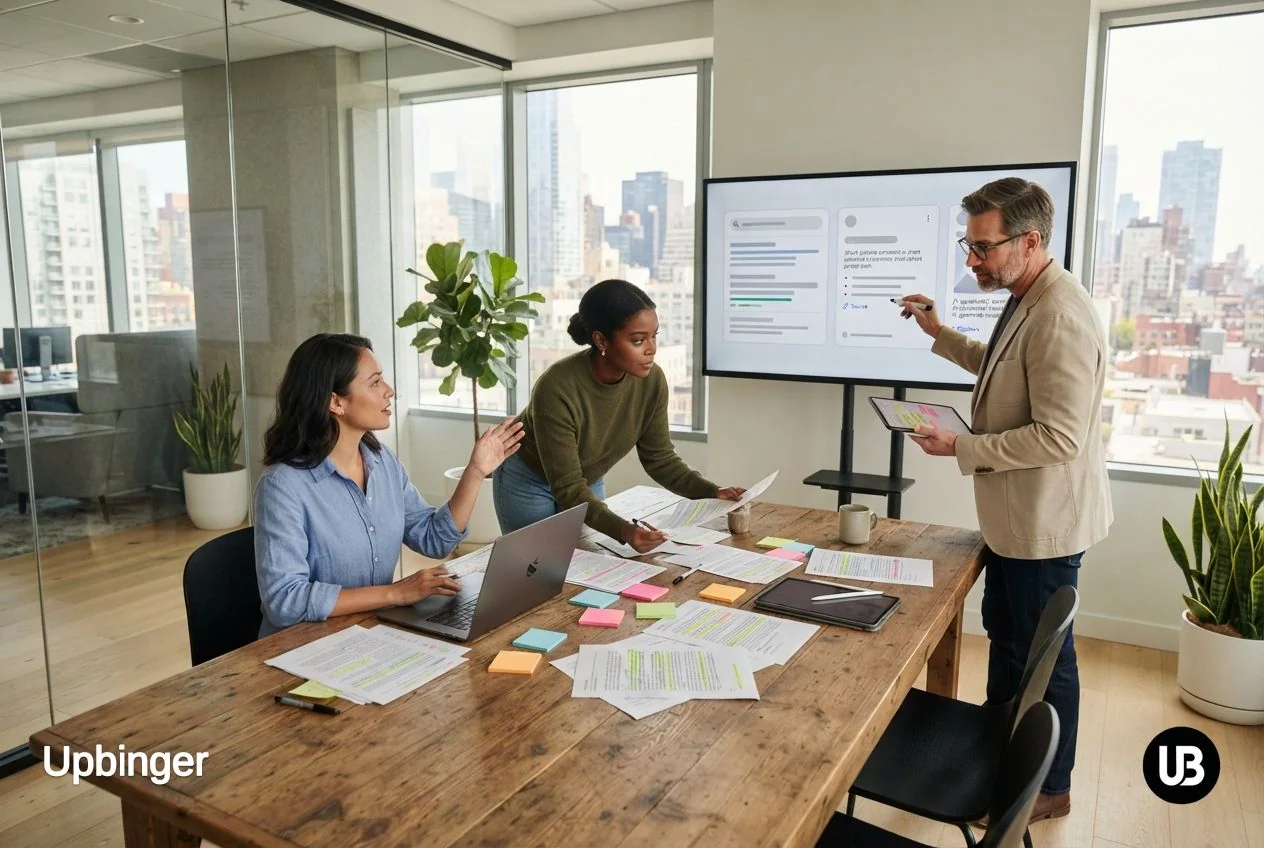 Content and SEO team in a bright meeting room reviewing article drafts while looking at a wall screen that shows three different abstract search and AI result layouts, illustrating how AI tools reshape SEO, AEO, and GEO workflows.