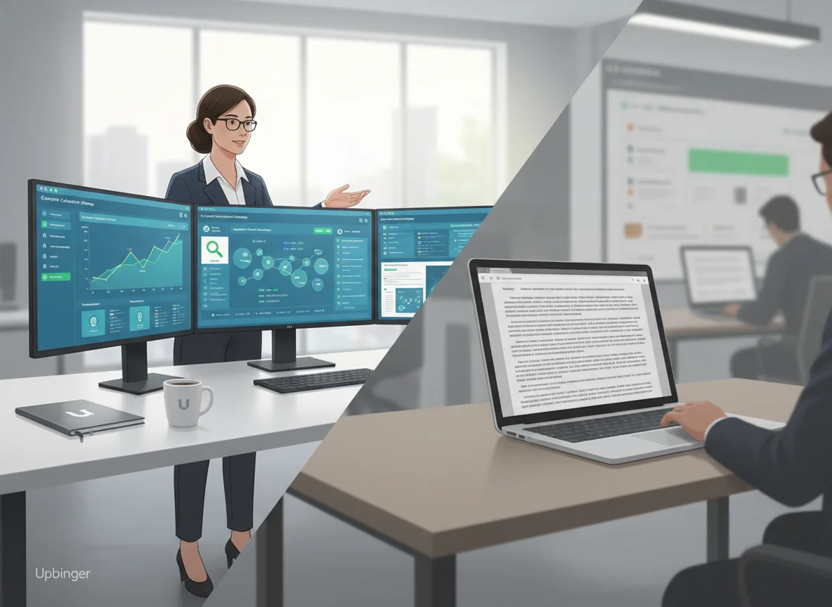 Editorial illustration contrasting an advanced Upbinger SEO content platform with graphs and SERP insights against a simple generic AI text editor filled with plain text, highlighting the difference between rankings-focused content and mere word generation.