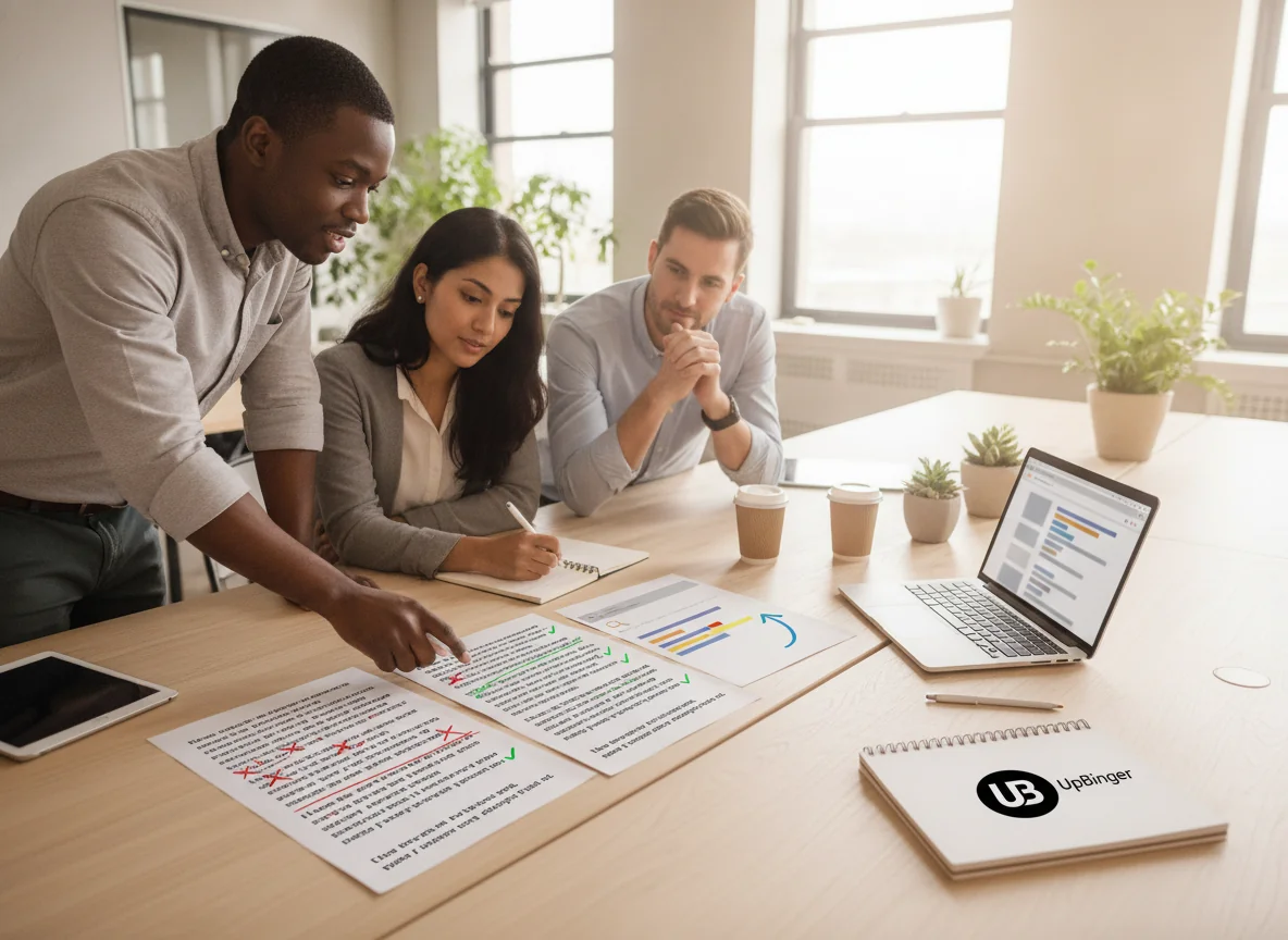 Marketing team in a bright office reviewing marked-up content drafts and a printed search results mockup, illustrating how improving content leads to better organic visibility.