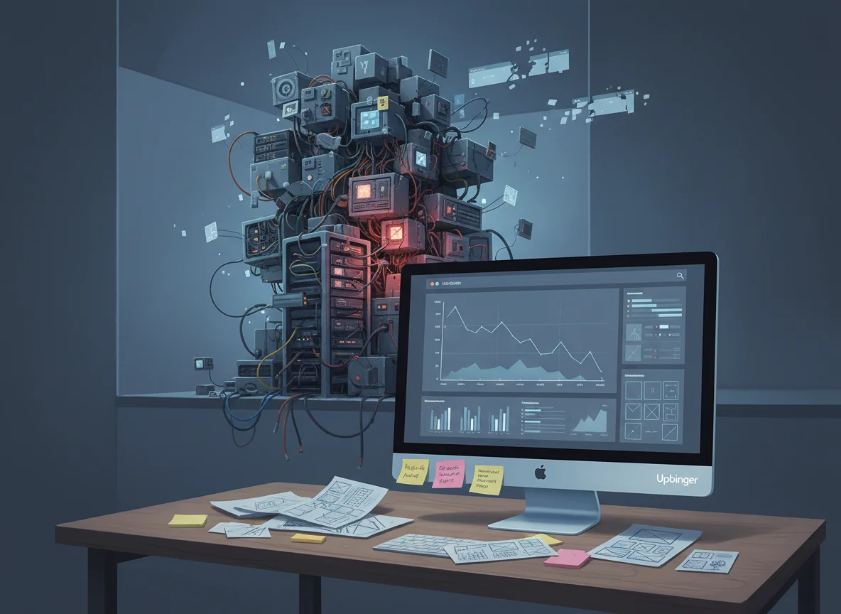 Editorial illustration of a dim workspace with a monitor showing declining analytics in front of a chaotic, precarious stack of mismatched tech blocks hidden in the wall, symbolizing poor rankings, low traffic, and a fragile marketing technology stack.