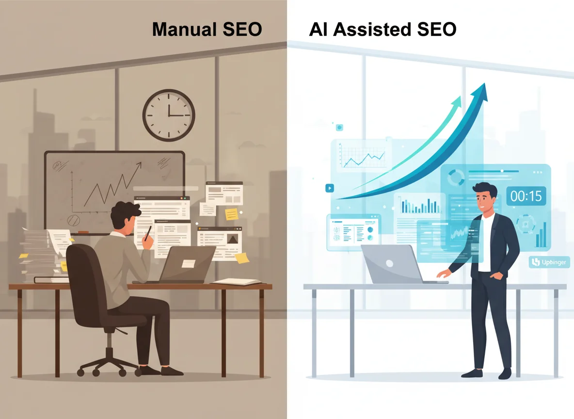 Split-screen editorial illustration of a marketer doing manual SEO on one side and collaborating with an AI interface on the other, contrasting time spent, decision accuracy, and organic traffic growth.