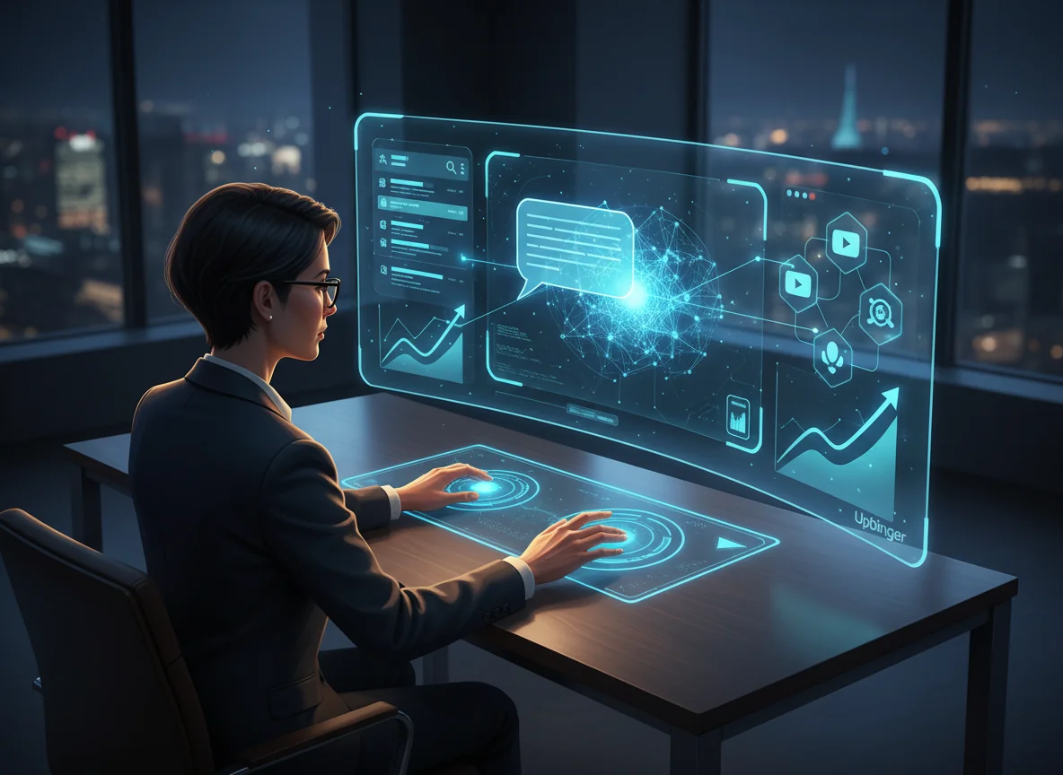 Editorial illustration of a digital marketer analyzing an AI-driven multi-channel search interface that connects traditional search results with chatbots, video platforms, and voice assistants, representing AI SEO in 2026.