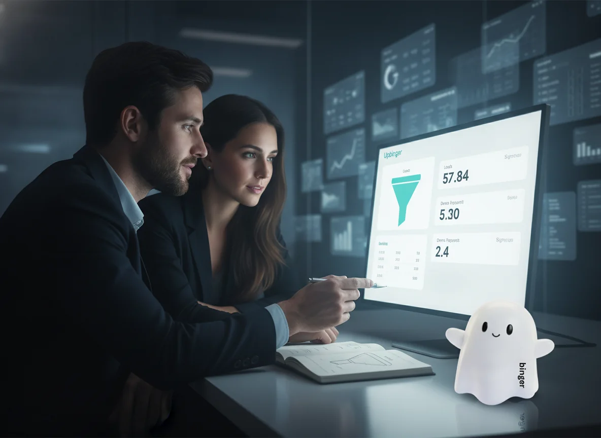 Illustration of marketers in a data-filled room focusing on a clear Upbinger analytics screen that highlights a few key business metrics while numerous blurred dashboards float in the background.