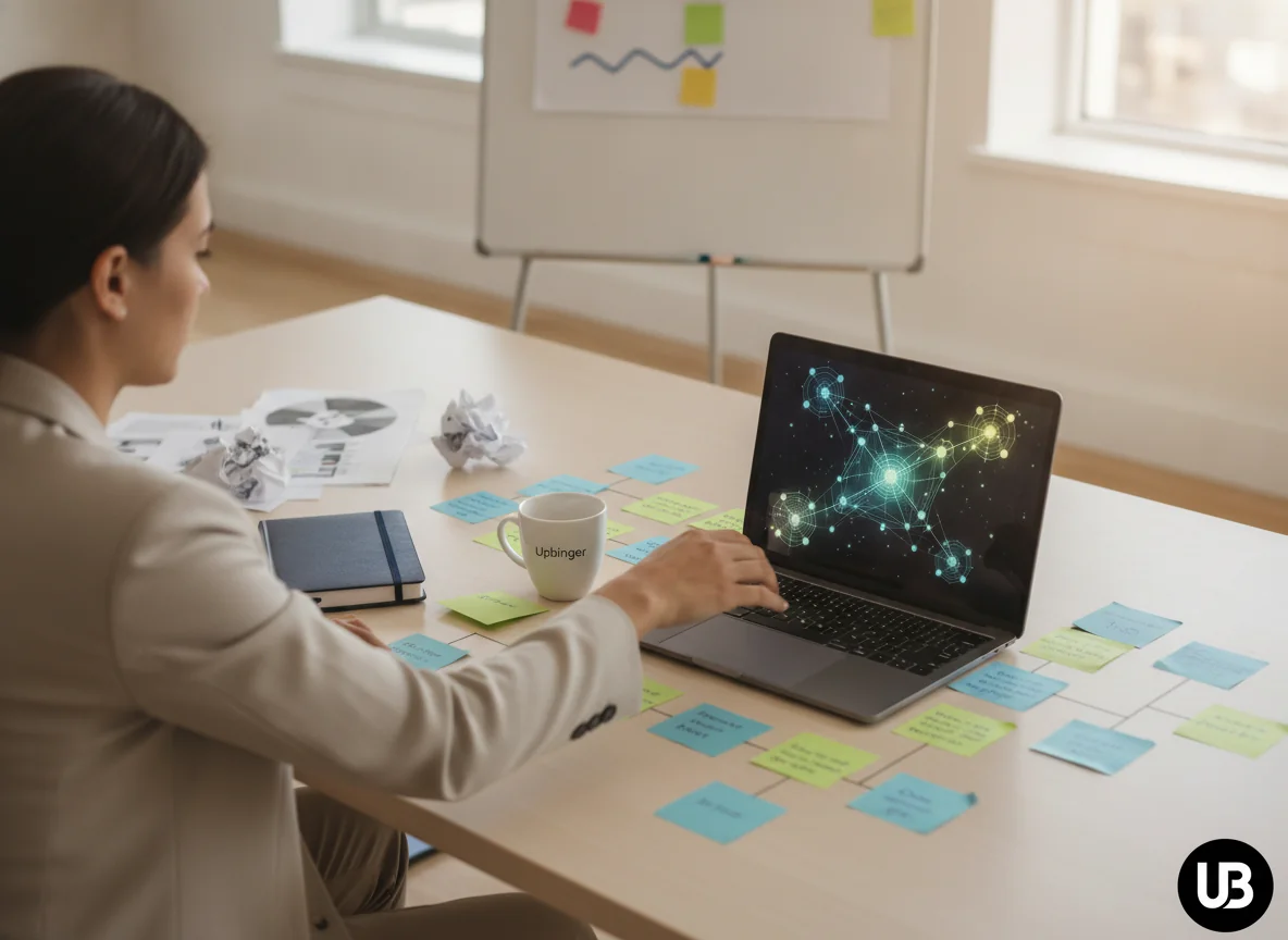 Marketing strategist at a desk choosing between a closed, traditional playbook and a dynamic AI-inspired workspace with branching notes and a glowing laptop.