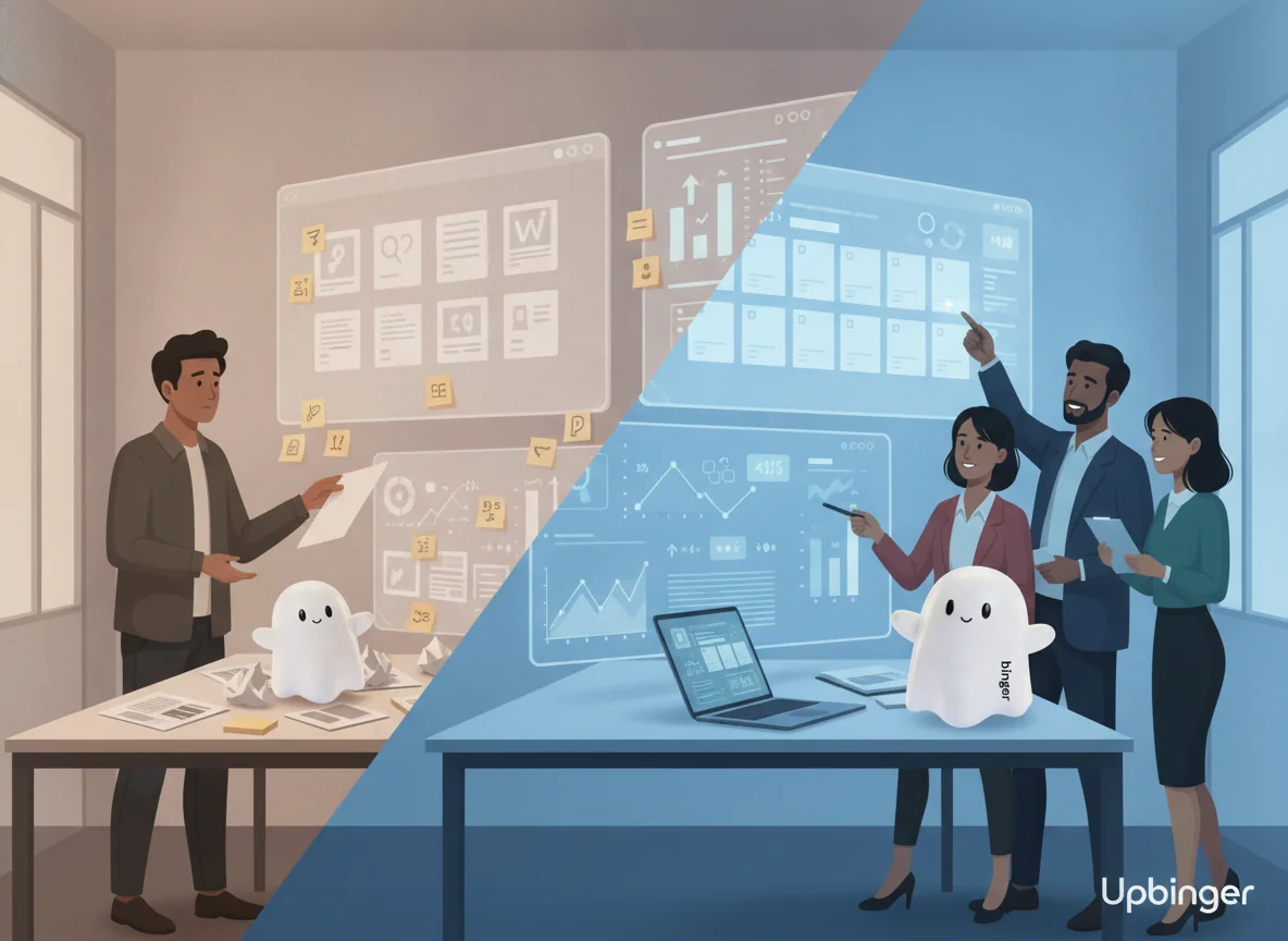 Illustration of a marketing team moving from a messy, intuition-based content process on one side of the image to a structured, analytics-driven content portfolio displayed on screens on the other side.
