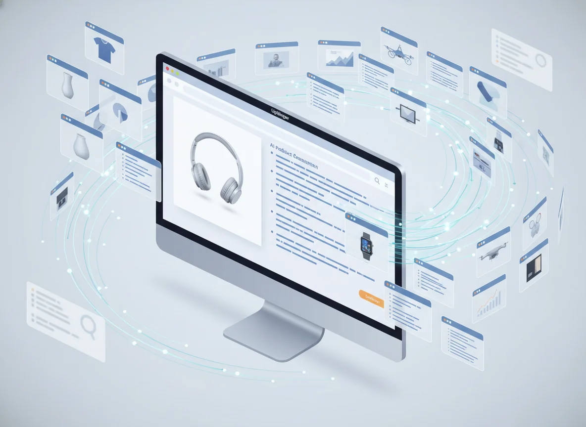 Conceptual illustration of an AI platform optimizing many e‑commerce product detail pages at once, with a glowing network connecting multiple product pages on a large screen.