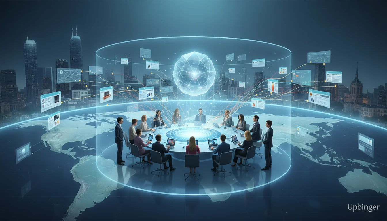 Futuristic global marketing command center where an AI core orchestrates streams of localized content across a digital world map for a global brand.