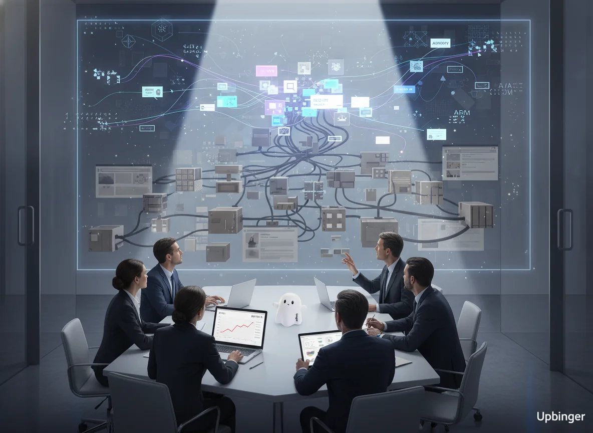 Editorial illustration of a business team confronting outdated content strategies as they try to reach a more complex, interconnected search landscape.