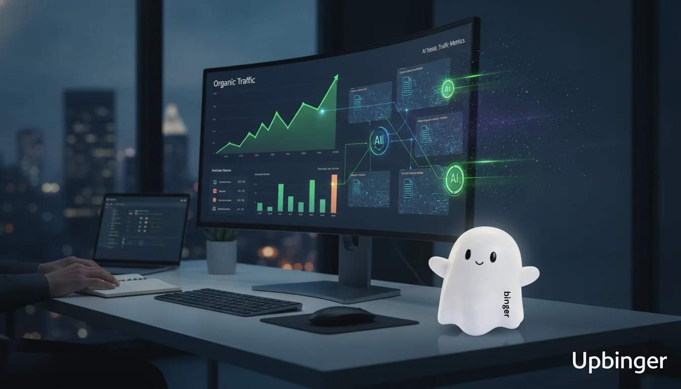Editorial illustration of a modern workspace with an AI-powered analytics dashboard showing how content performance drives organic traffic growth.