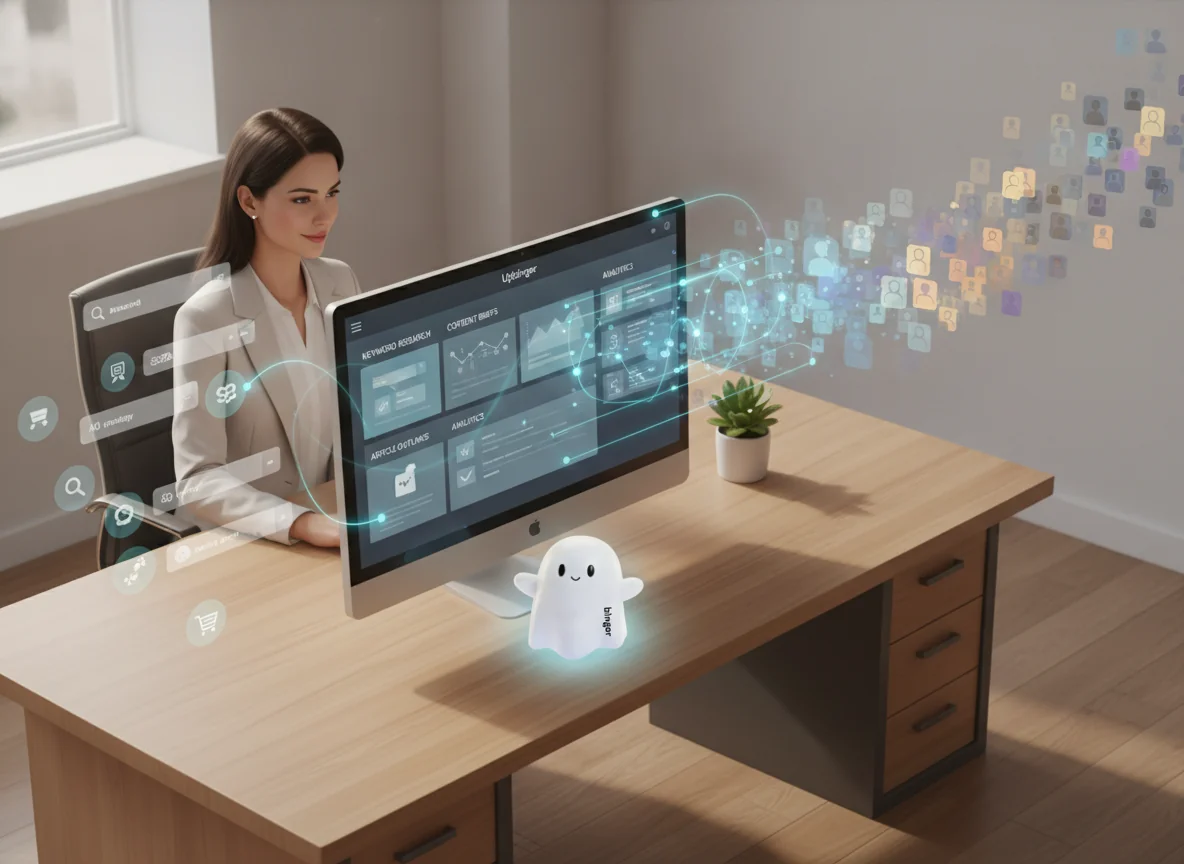 Editorial illustration of a marketer using an integrated AI SEO content platform that transforms search intent data into a growing stream of qualified organic leads.