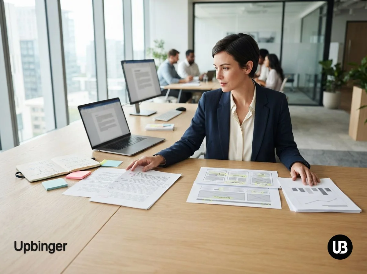 Marketing professional at a desk comparing text-heavy draft documents on one side and layout-focused analytical website printouts on the other, illustrating the difference between AI content tools and SEO software.
