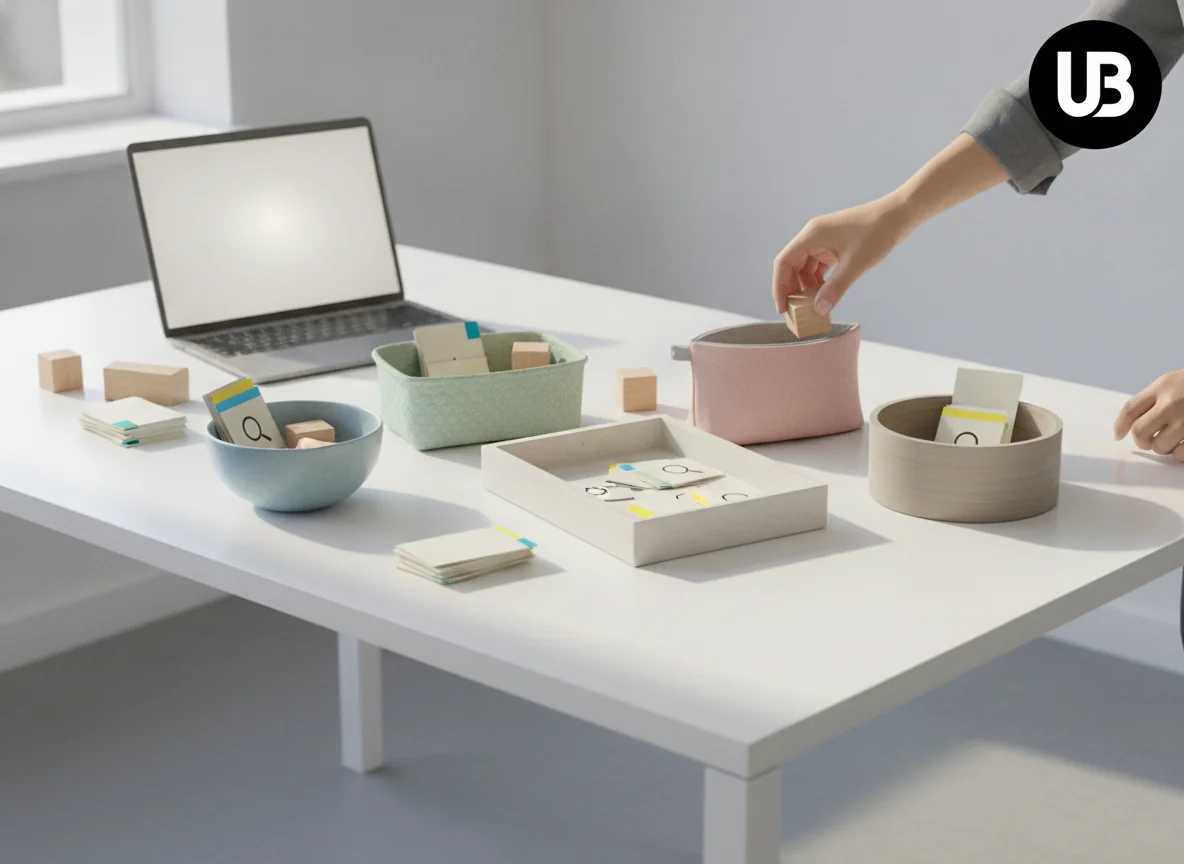 Person organizing small neutral objects into five distinct containers on a bright desk, symbolizing grouping AI SEO tools by use case rather than brand.