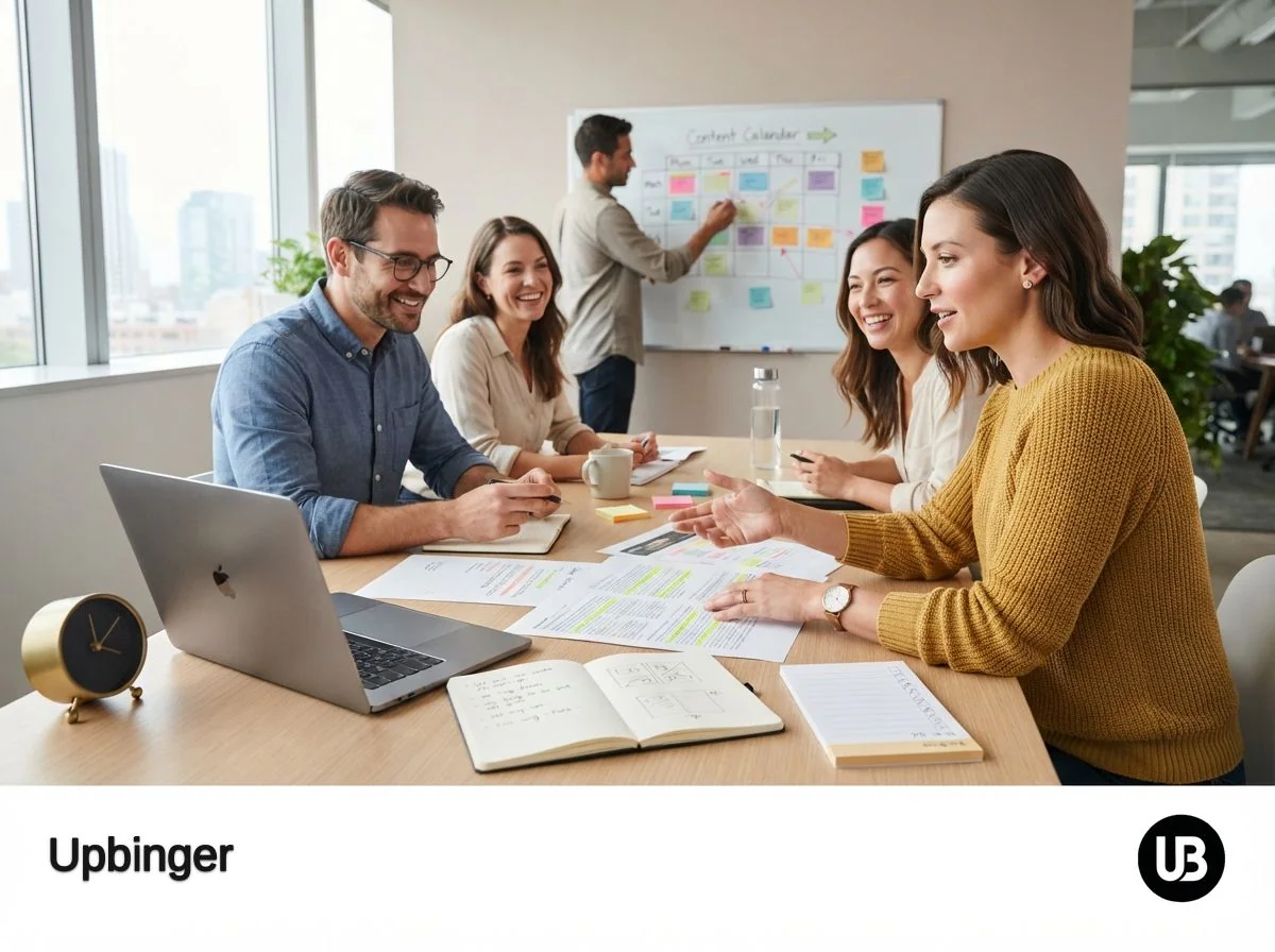 Content marketing team in a bright office collaborating around a laptop, with notes and a content calendar suggesting faster, more scalable writing work enabled by AI tools.