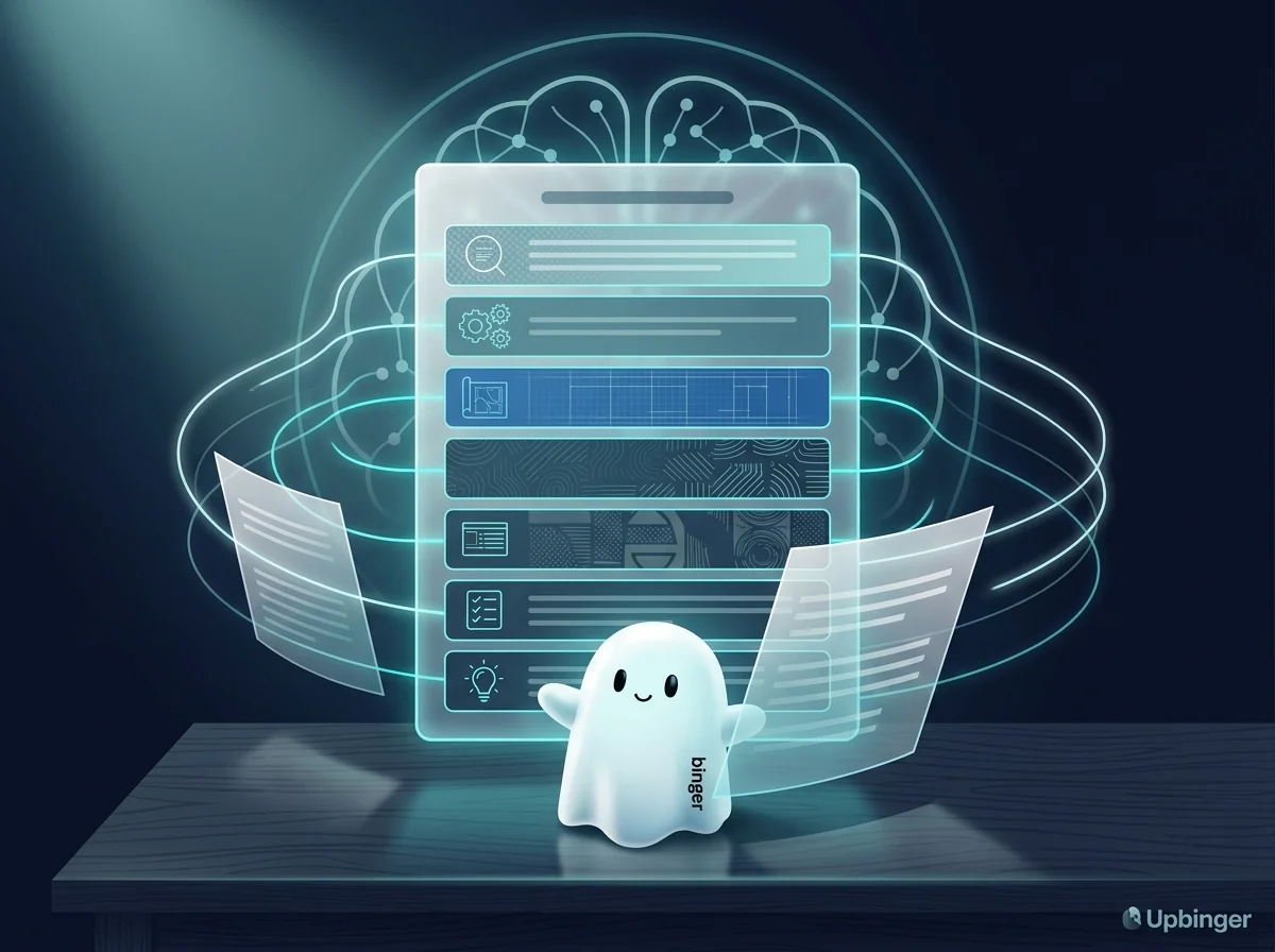 Editorial illustration of a floating digital article divided into seven structured sections, connected to a stylized AI network, symbolizing a disciplined blueprint for AI-optimized content.