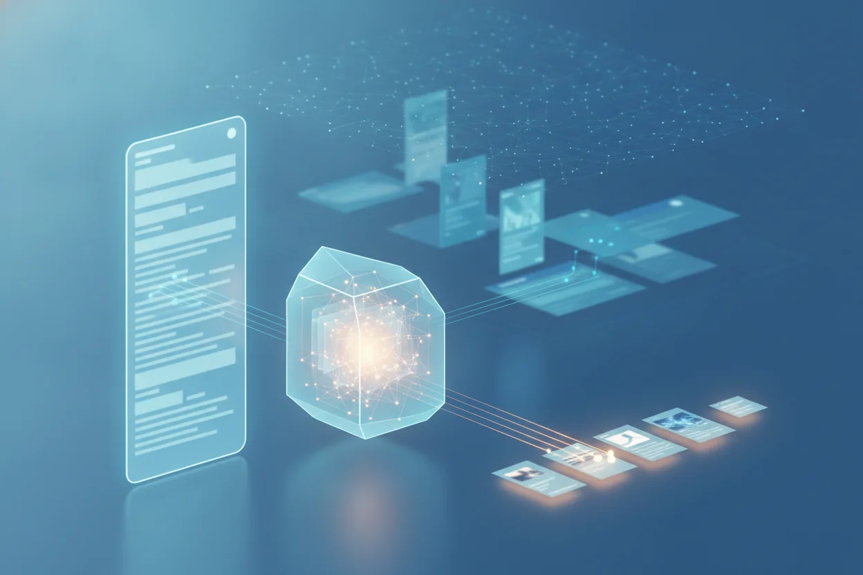 Conceptual illustration showing an AI assistant core receiving information from a vast web of documents and outputting a small set of prioritized sources, contrasted with a flat column of traditional search results.