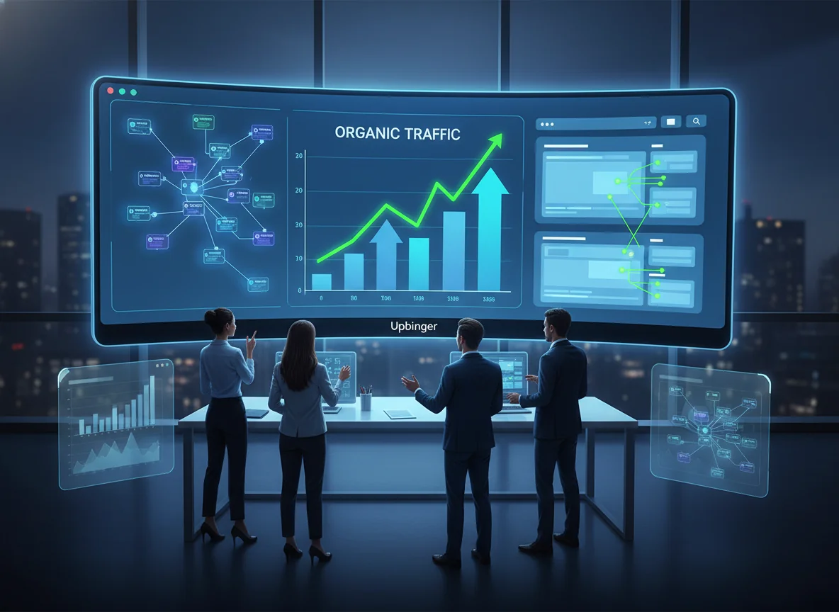 Editorial illustration of a data-driven command center where a central analytics dashboard for SEO and AEO clearly outperforms several smaller, generic tools, with a team of marketers reviewing rising organic traffic and topic clusters. The brand name Upbinger appears subtly on the main screen.
