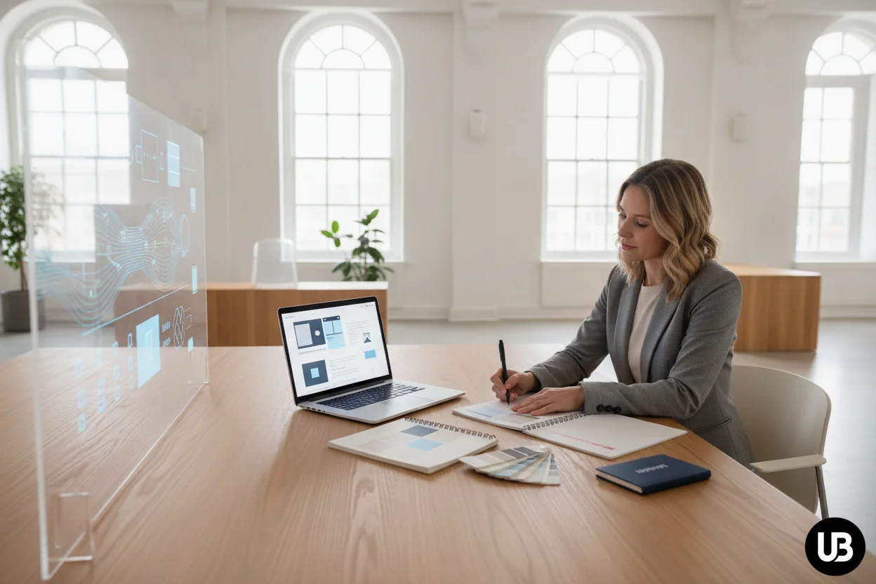A content strategist in a bright modern office reviews AI-generated SEO content on a laptop and printed pages, with subtle brand style materials nearby, illustrating AI generation guided by brand governance.