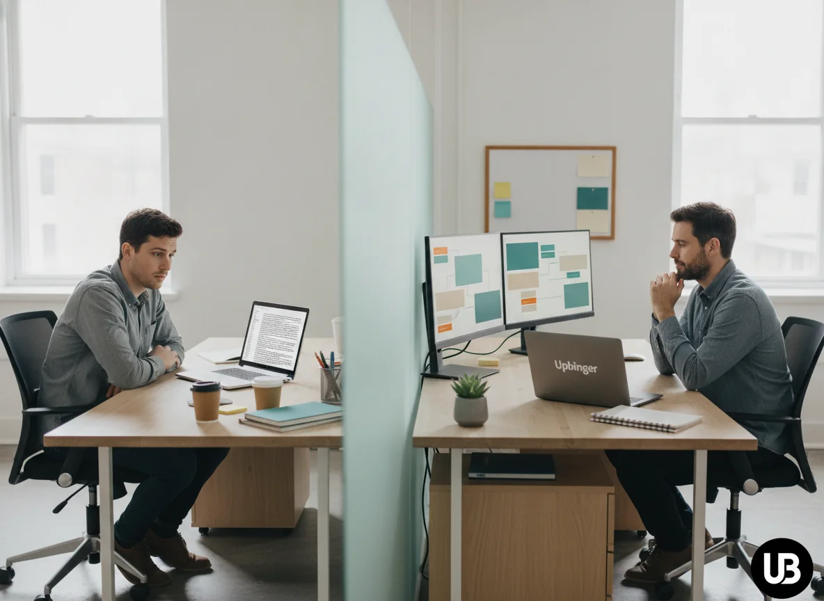 Two professionals in the same bright office, one using a basic laptop for generic writing and the other at a more advanced, organized workstation that suggests a full AI SEO content platform, visually contrasting simple text generation with strategic SEO-focused workflows.